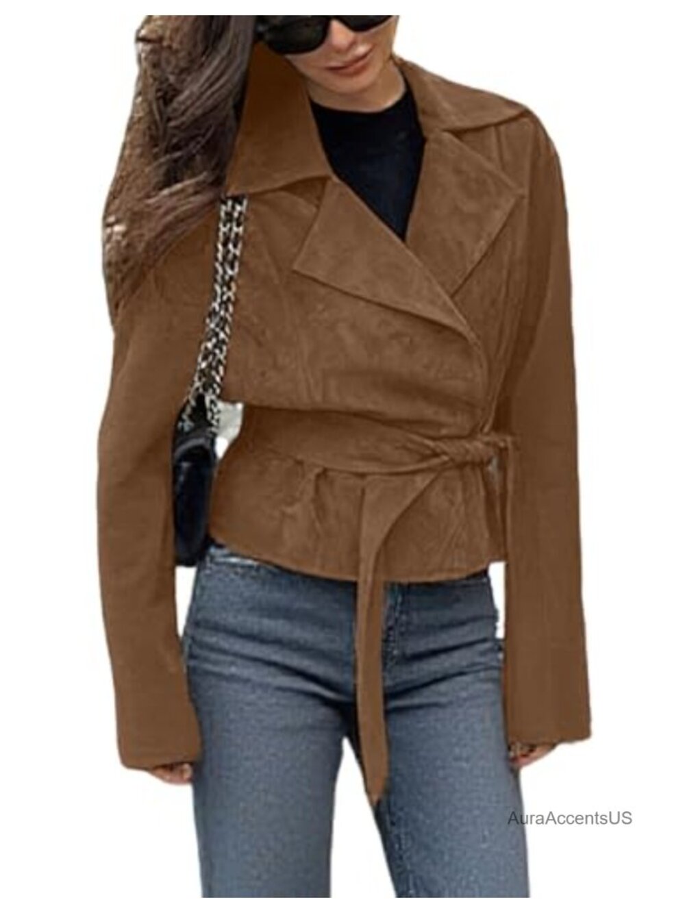 Faux Suede Leather Jacket Vintage Cropped Wrap Coat with Belt